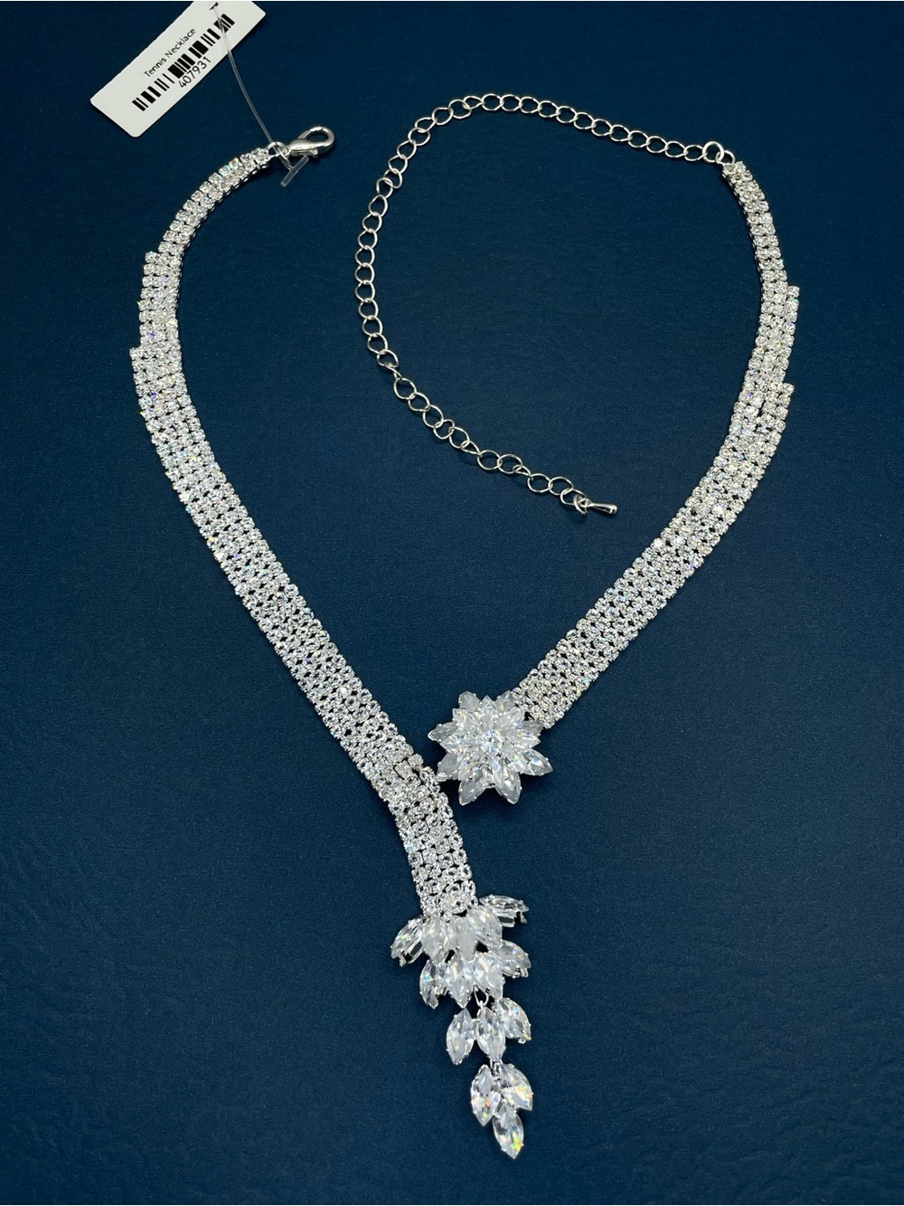 Diamond White Crystal Floral Y Drop Tennis Necklace Bridal Formal Evening